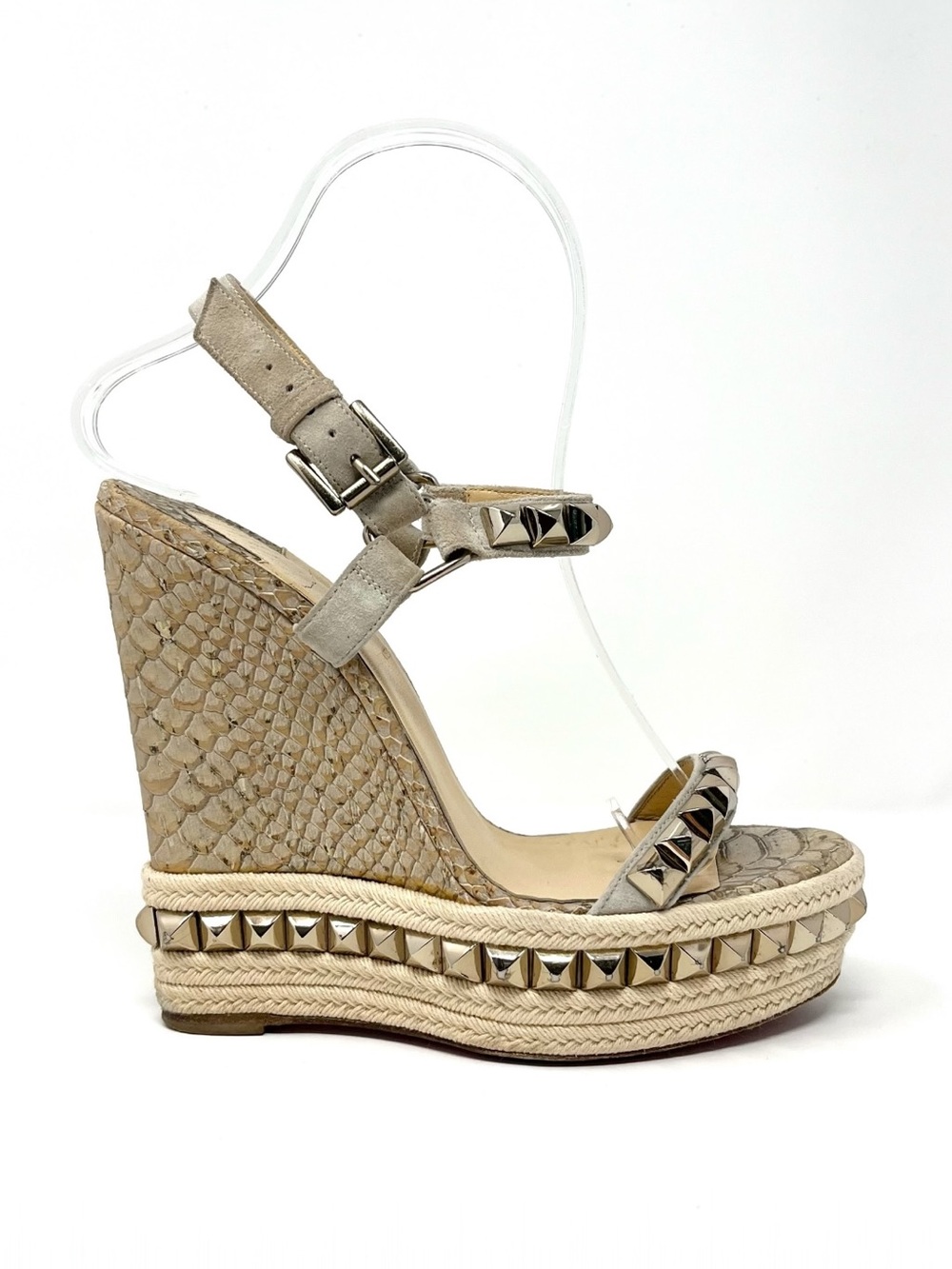 Christian Louboutin Neutral Snake-Effect Studded Espadrille Wedge Sandals